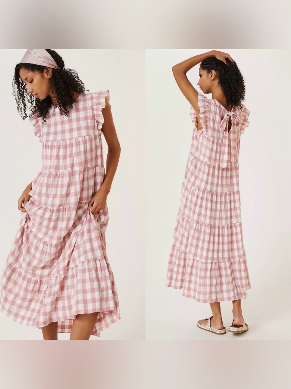 Anthropologie English Factory Pink White Gingham Tiered Midi Dress XS Altered